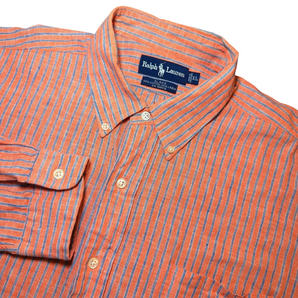 Ralph Lauren Blake Shirt XL Orange Blue Stripe Cotton Linen Ramie Blend Mens L/S